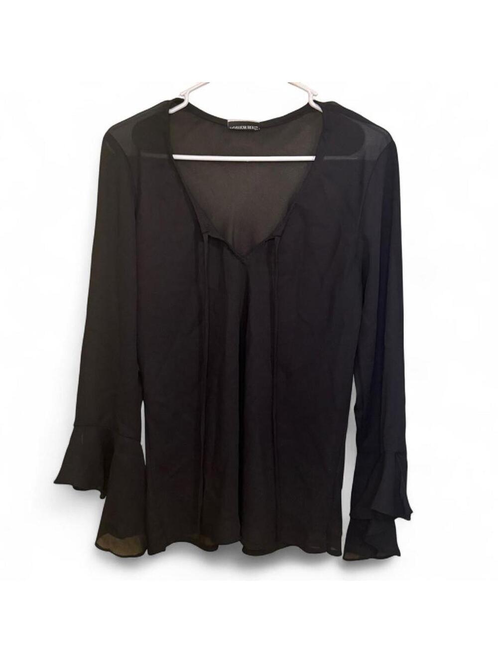 Black sheer blouse with ruffle sleeves and front tie